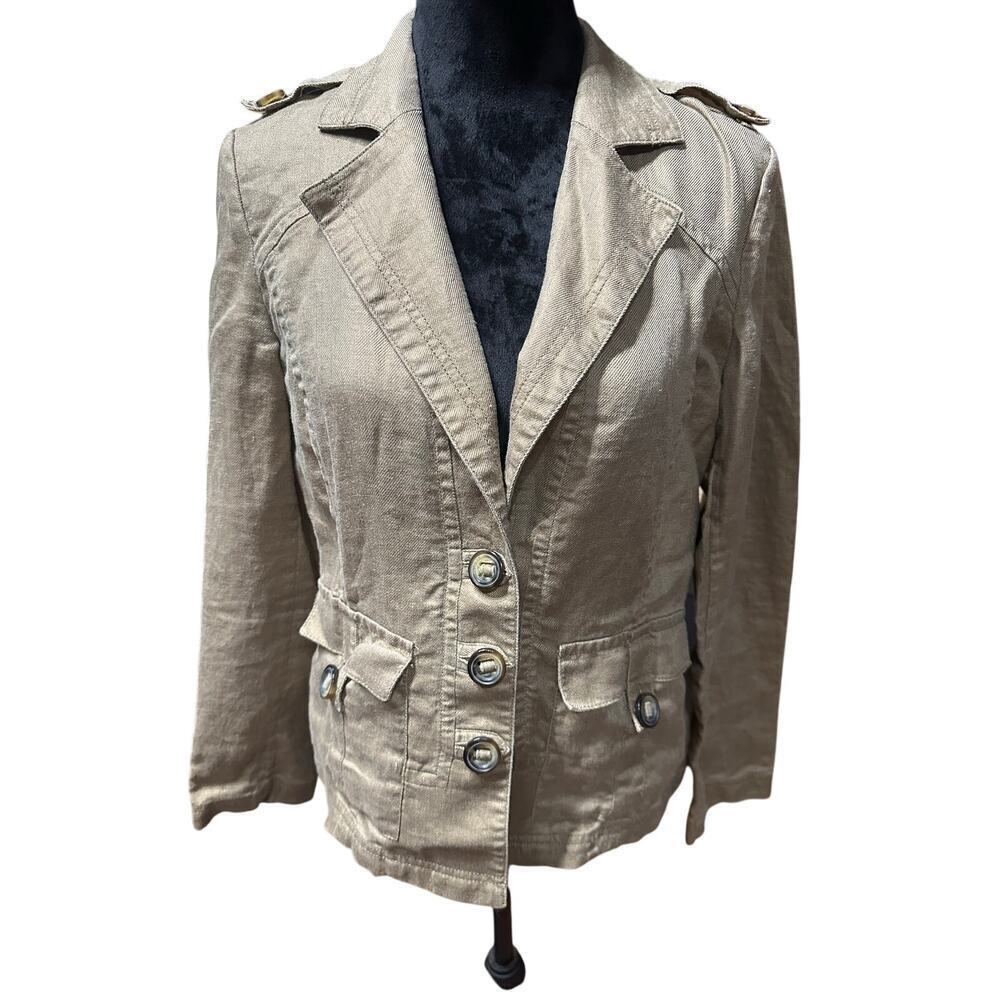 Chico’s Women’s Linen Blazer Khaki size 1(Med) Button front Classy Chic  capsule